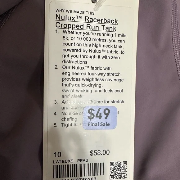 Lululemon Nulux Racerback Cropped Run Tank size 10 - Picture 6 of 6